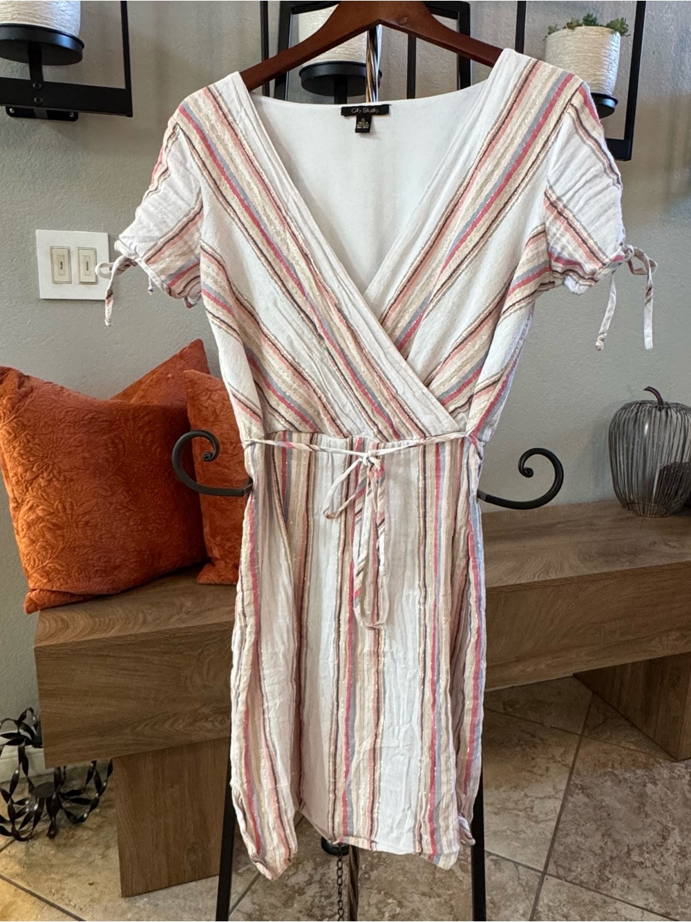 City Studio White Striped Wrap Midi Dress with Pink & Tan Accents